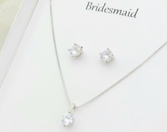 925 Silber Kette mit Zirkonia Halskette. Kubische Ohrstecker. Silber, Kubik Ohrstecker und Halskette Set. Blumenmädchen Geschenk.