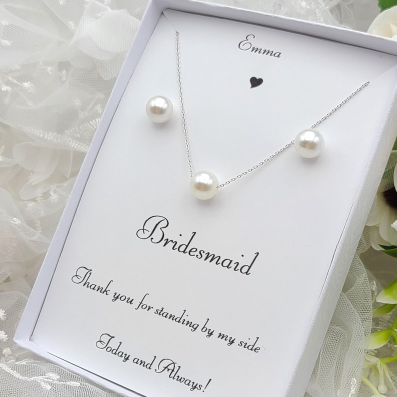 Bridesmaid 8mmPearl Jewelry Set with Message Card. - 925 Silver Ear Post.DAINTY Chain . Bridesmaid Jewelry 3Set-2Style image 6
