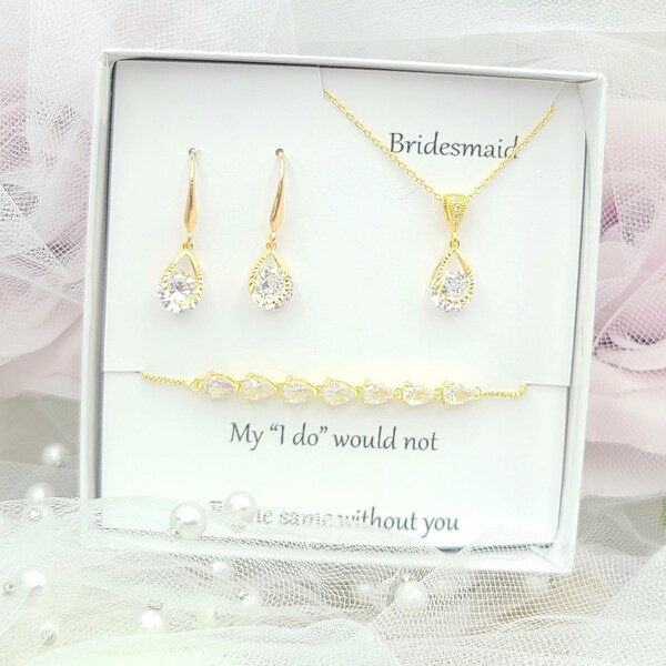 925 Ear Hook  Clear Tear Drop Earring  Necklace, Bracelet 3set. Minimalist Teardrop Bridesmaid Jewelry 3Set . Bridesmaid Jewelry – 3 Colors