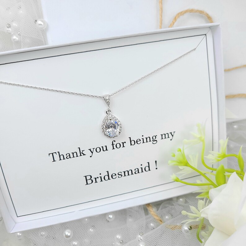 Bridesmaid Necklace Gift Bridal Necklace Silver Cubic Zirconia Tear Drop Necklace. AAA+ Cubic Zirconia Tear Drop necklace