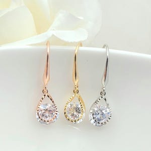 925 Silver Earring Hook Rose Gold Clear Tear Drop  Earring. Gold Clear Tear Drop Earring . Silver 925 Ear Hook Earring -3Colors