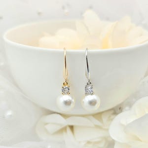 925 Sterling Silver Ear hook with CZ Pearl Necklace, Earring Set. Bridesmaid Jewely Set. Wedding Jewelry Set.-2Colors