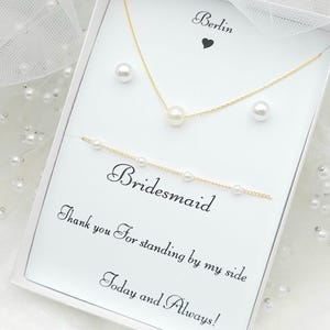 Bridesmaid 8mmPearl Jewelry Set with Message Card. - 925 Silver Ear Post.DAINTY Chain . Bridesmaid Jewelry 3Set-2Style image 7