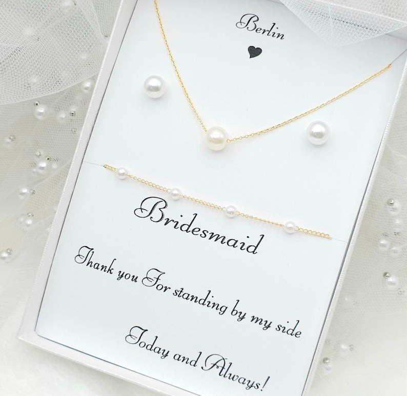 Bridesmaid 8mmPearl Jewelry Set with Message Card. - 925 Silver Ear Post.DAINTY Chain . Bridesmaid Jewelry 3Set-2Style image 7