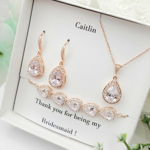Rose Gold Teardrop Earring, Necklace,Bracelet 3Set. Bridesmaid Jewerly Set. Bridal JeweRly. Wedding Jewerly Set. Silver Wedding Jewerly set.