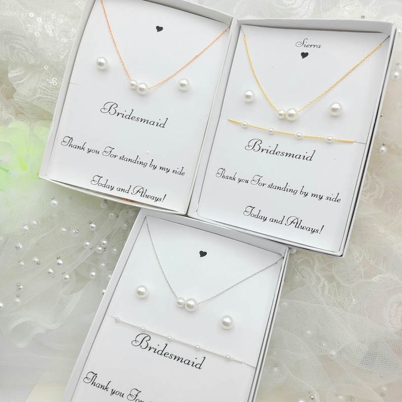 Bridesmaid 8mmPearl Jewelry Set with Message Card. - 925 Silver Ear Post.DAINTY Chain . Bridesmaid Jewelry 3Set-2Style image 10