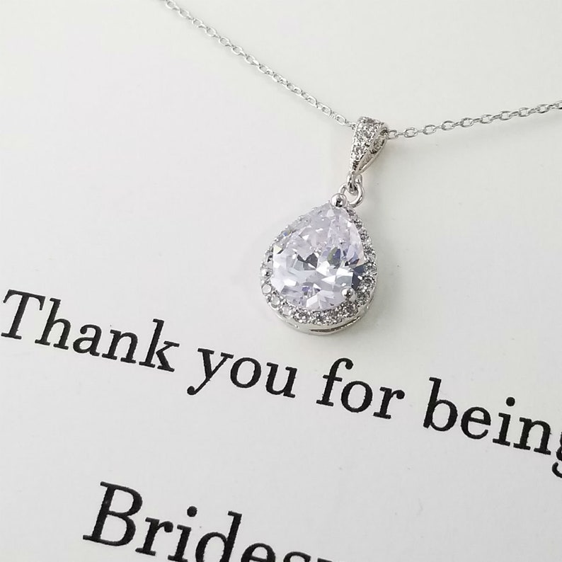 Bridesmaid Necklace Gift Bridal Necklace Silver Cubic Zirconia Tear Drop Necklace. AAA+ Cubic Zirconia Tear Drop necklace