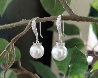 CZ Zirconia Drop Earrings . Pearl Hook Earring. Bridesmaid Earring gift. Dangling Pearl Earring. CZ Hook with Pearl Earring.