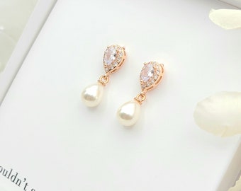 10MM Tear Drop Pearl Dangle Earring. AAA  Rose Gold  Cubic Zirconia with  10MM Tear Drop Earring . Silver  Tear Drop Pearl Earring.