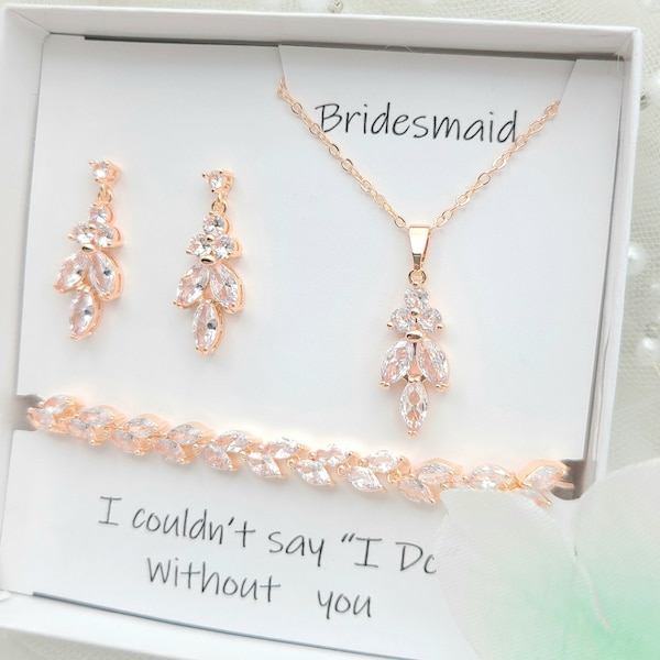 Leaf Necklace & Earring , Bracelet 3Set. Rose Gold , Silver  Leaf Necklace and Earring.  Bridesmaid Jewelry Set. Bridal Jewelry set.