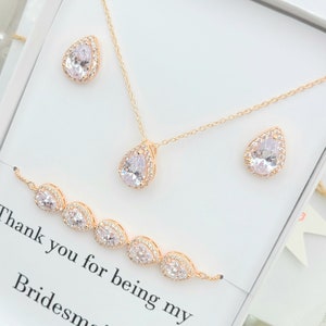Single Teardrop Halskette und Ohrring, Armband 3Set. Rose Gold Single Teardrop Halskette, Ohrring, Armband-Set.