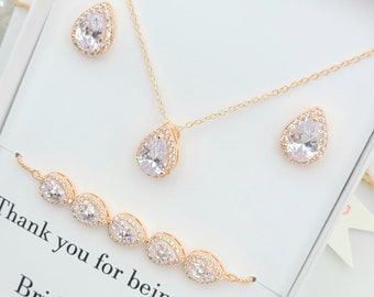 Single  Teardrop Necklace and Earring , Bracelet 3Set.  Rose gold  Single Teardrop Necklace ,Earring , Bracelet Set.