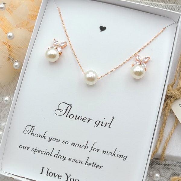 Flower Girl Gift. leaf Pearl Necklace & Earring Set. Bridesmaid  Rose gold Pearl Necklace and Earring. Bridesmaid pearl necklace Set.