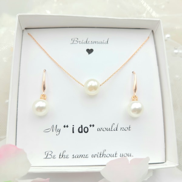 925 Sterling ROSE GOLD Ear Hook With 10MM ,8MM Round Pearl  Jewelry Set. GOLD Simple and Elegant Bridesmaid Jewelry Set. Minimalist Set