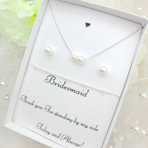 Bridesmaid 8mmPearl Jewelry Set with Message Card. - 925 Silver Ear Post.DAINTY Chain . Bridesmaid Jewelry 3Set-2Style image 12