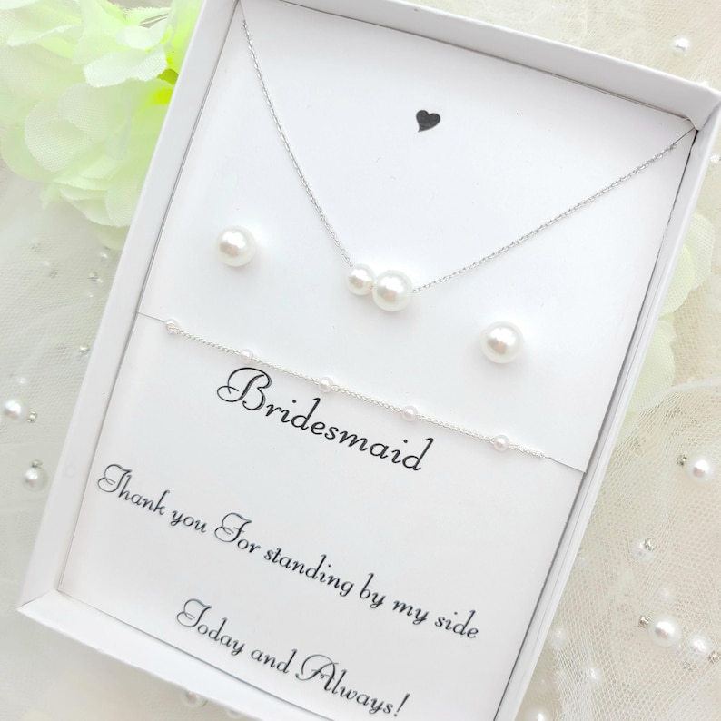 Bridesmaid 8mmPearl Jewelry Set with Message Card. - 925 Silver Ear Post.DAINTY Chain . Bridesmaid Jewelry 3Set-2Style image 12