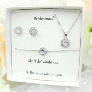 CZ Silver Halo Necklace and Earring ,Bracelet Set.    CZ Round Earring, Necklace, Bracelet 3Set. Bridesmaid jewelry Set.