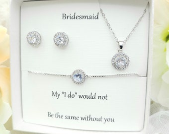 CZ Silver Halo Necklace and Earring ,Bracelet Set.    CZ Round Earring, Necklace, Bracelet 3Set. Bridesmaid jewelry Set.