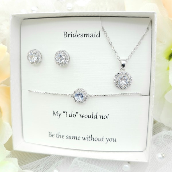 CZ Silver Halo Necklace and Earring ,Bracelet Set.    CZ Round Earring, Necklace, Bracelet 3Set. Bridesmaid jewelry Set.