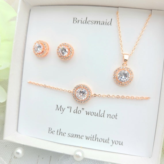 CZ Rose Gold Halo  Necklace and Earring Set. Silver Crystal Round Necklace. Bridesmaid CZ Rose Gold Halo Necklace and necklace set.
