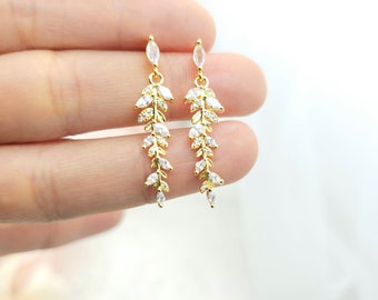 Tiny Gold Leaf Earring. Tiny Leaf with Cubic Zirconia Earring. 925 Sterling Ear post Gold , Silver Leaf Tiny Earring, necklace Set.-2Colors