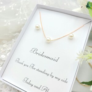 Bridesmaid 8mmPearl Jewelry Set with Message Card. - 925 Silver Ear Post.DAINTY Chain . Bridesmaid Jewelry 3Set-2Style image 8