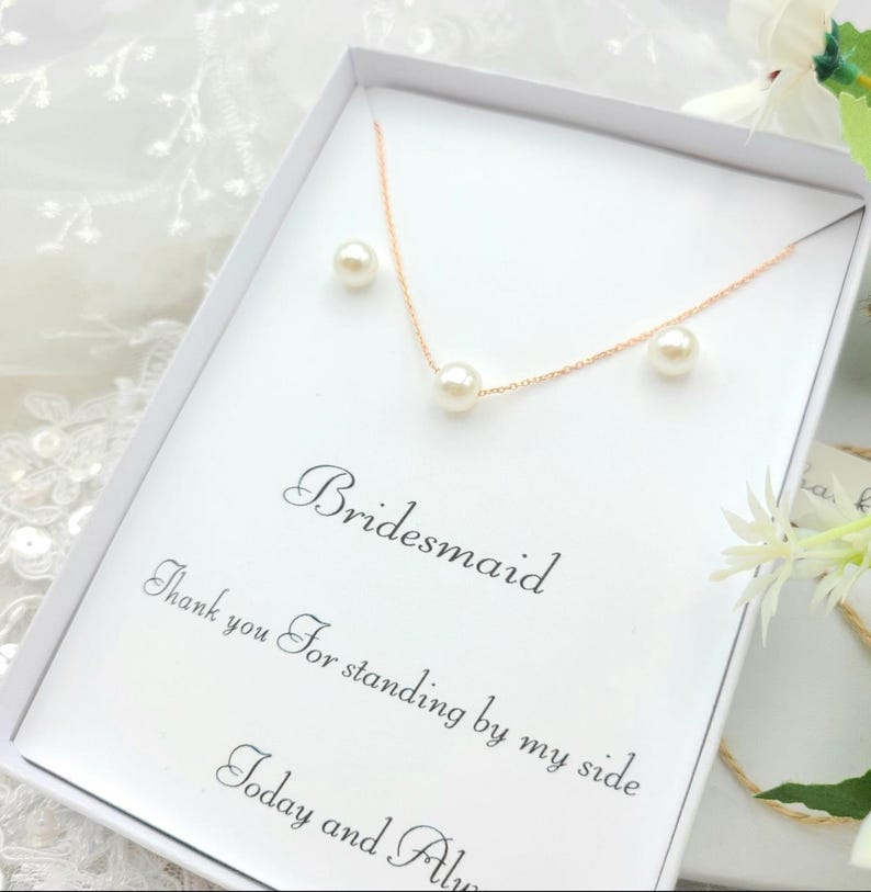 Bridesmaid 8mmPearl Jewelry Set with Message Card. - 925 Silver Ear Post.DAINTY Chain . Bridesmaid Jewelry 3Set-2Style image 8
