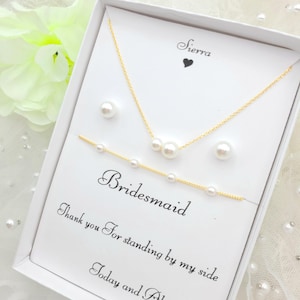 Bridesmaid 8mmPearl Jewelry Set with Message Card. - 925 Silver Ear Post.DAINTY Chain . Bridesmaid Jewelry 3Set-2Style image 11