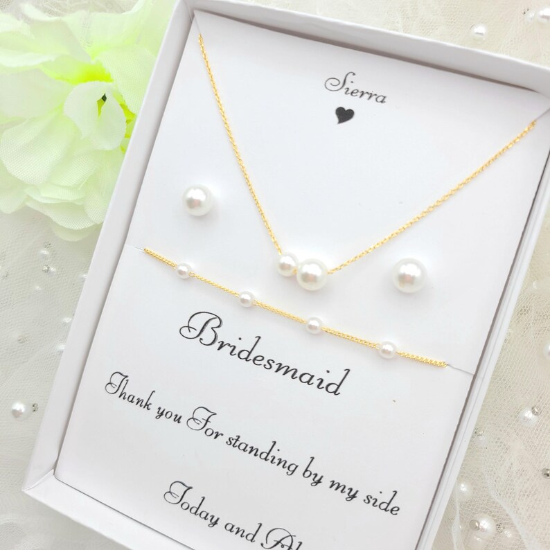 Bridesmaid 8mmPearl Jewelry Set with Message Card. - 925 Silver Ear Post.DAINTY Chain . Bridesmaid Jewelry 3Set-2Style image 11
