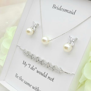 leaf Pearl Necklace & Earring and Bracelet 3Set. Bridesmaid Silver,, Rose gold Pearl Necklace and Earring. Flower Girl Gift-  2 Colors
