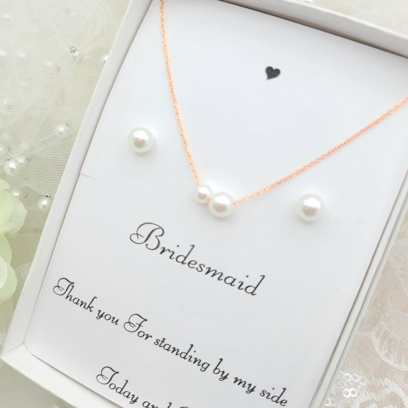 Bridesmaid 8mmPearl Jewelry Set with Message Card. - 925 Silver Ear Post.DAINTY Chain . Bridesmaid Jewelry 3Set-2Style image 13