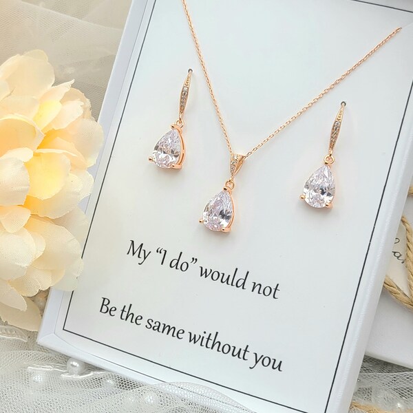 Rose gold Cubic Zirconia Tear Drop necklace & Earring Set . Clear Teardrop Necklace and Earring Bridesmaid  Gift.