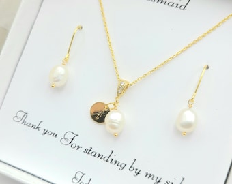Freshwater pearl Dangle Initial  Necklace Earring. Fresh Water pearl & Premium Quality Plating  Ear hook and Necklace Set. Bridesmaid gift