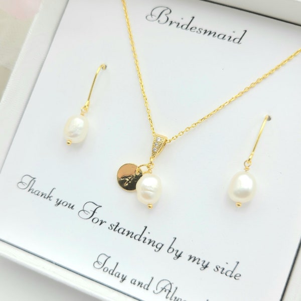 Freshwater pearl Dangle Initial  Necklace Earring. Fresh Water pearl & Premium Quality Plating  Ear hook and Necklace Set. Bridesmaid gift