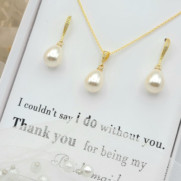 Gold 12mm tear Pearl Necklace and Earring Set. 12mm Bridesmaid Pearl Teardrop Necklace, Earring Set. Silver Pearl Necklace Earring Set.