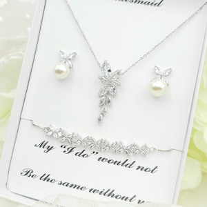 ROSE GOLD Leaf Necklace, Cute Pearl Earring,Bracelet 3Set. SILVER Bridesmaid jewelry. Bridal Jewelry 3Set. -2 Colors