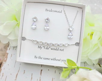 Cubic Zirconia Double Teardrop Necklace and Earring Set. Silver  Double Teardrop Necklace ,earring Set. Bridesmaid Gift ,Flower girl Gift.