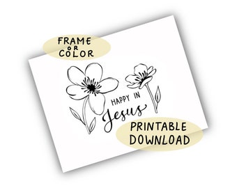 Art Print / Christian Coloring Page / Printable Download / Happy in Jesus / Christian Encouragement / Sunday School Crafts