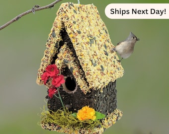 Edible Birdhouse - Handmade Wooden Birdhouse Covered w/ Birdseed- Reseedable Bird Feeder - The Perfect Gift! Made in USA (Tall White Roof)