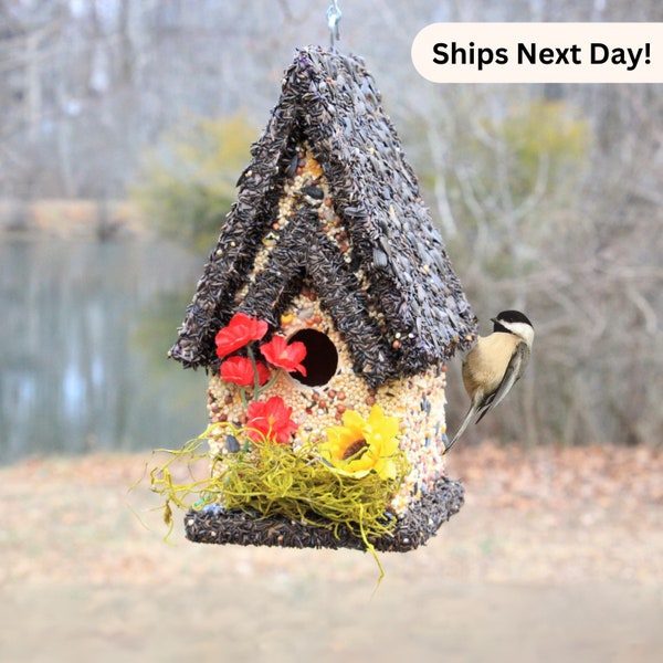 Edible Birdhouse - Handmade Wooden Birdhouse Covered w/ Birdseed- Reseedable Bird Feeder - The Perfect Gift! Made in USA (Tall Dark Roof)