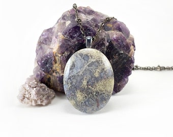 Scenic Moss Agate Pendant on Gunmetal Chain - Light Green & Purple Moss Agate Necklace with Satellite Chain - Choose Your Crystal Necklace