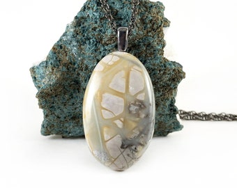 Picasso Jasper Necklace - Gray & Yellow Picasso Jasper Pendant on Gunmetal Twisted Rope Chain - Watercolor Picasso Stone Necklace