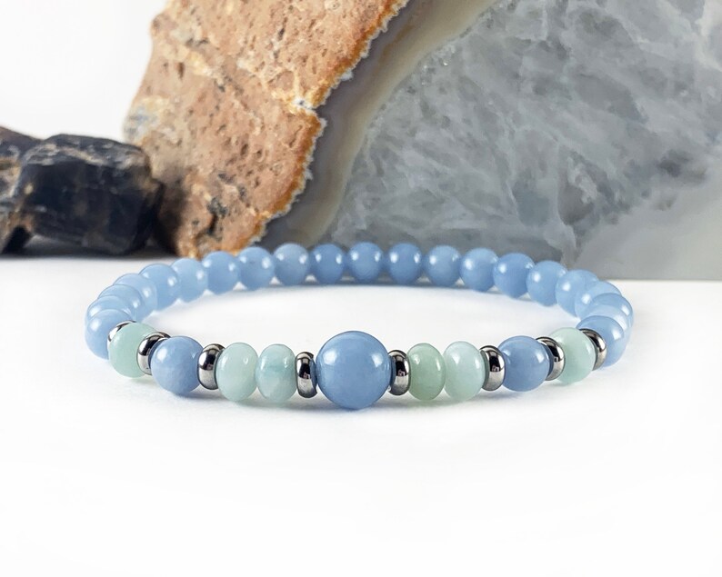 Amazonite Bracelet Light Blue Bracelet Custom Angelite Bracelet with Amazonite and Stainless Steel Angelite Stacking Bracelet
