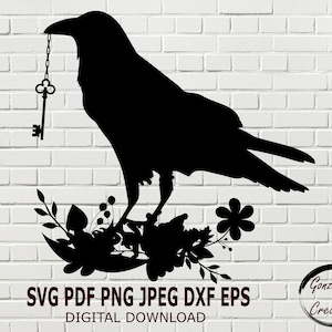 Floral Raven SVG, Crow SVG, Flying Bird SVG, Birds clipart. Bird Silhouette Svg, Svg Files for Cricut, Svg, Png, Eps, Pdf, dxf, Vector