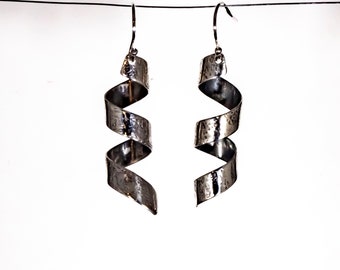 Earrings, drop, spiral and lightly oxidized