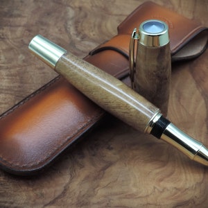 Hand Turned Acacia Burl, Roller Ball Pen, in Handstitched Leather Case