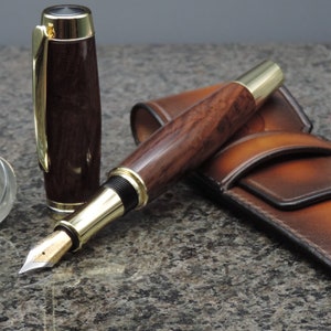 Hand Turned Desert Ironwood Fountain Pen in Handstitched Leather Case