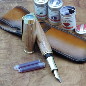 Hand Made, Copper Infused English Oak Fountain Pen in Handstitched Leather Case