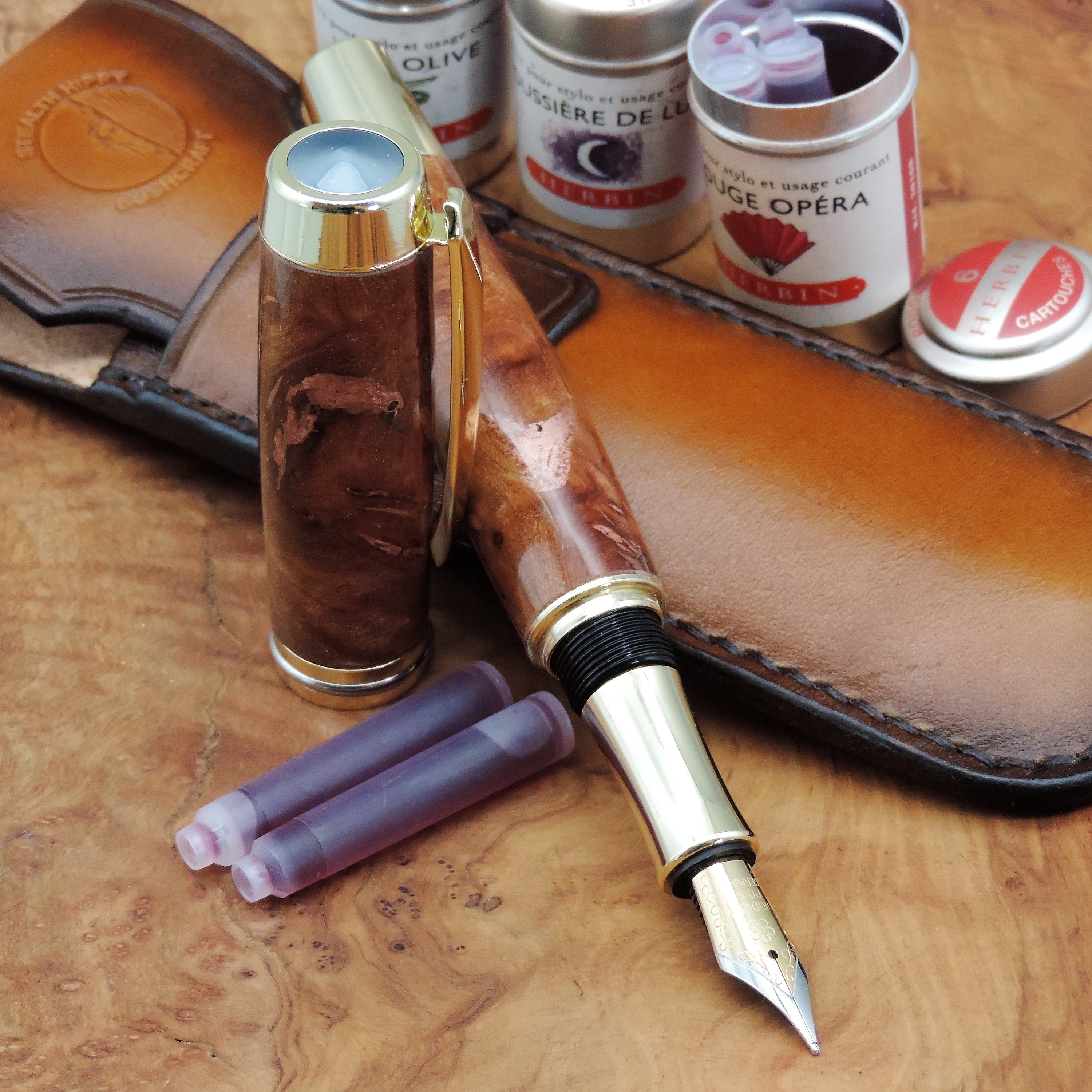 Hand Turned, Copper Infused Elm Burl Fountain Pen in Handstitched Leather Case