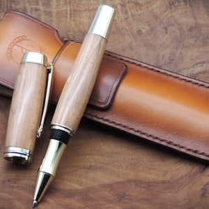 Hand Turned Cherry Wood Rollerball Pen in Handstitched Leather Case